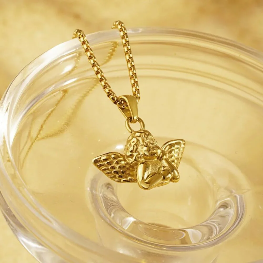 Stainless Steel 18K Gold Elegant Guardian Angel Charm Praying Pendant Necklace J_3